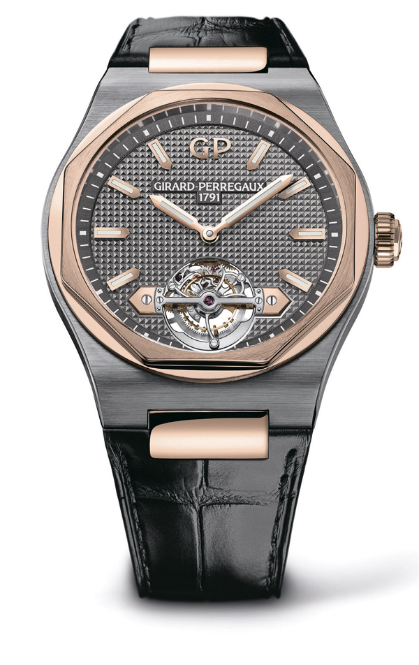 Часы Girard-Perregaux Laureato Tourbillon в корпусе 45 мм из титана с розовым золотом оснащен калибром GP09510 с турбийоном и микроротором, запас хода 49 часов