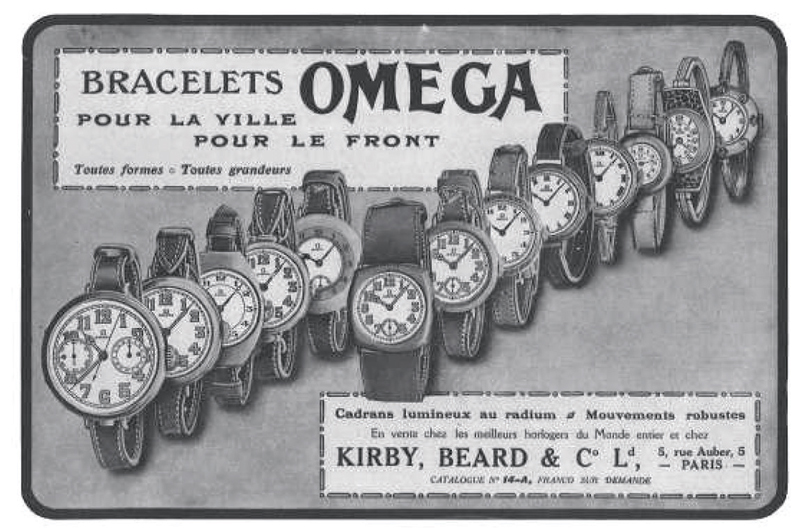 Реклама часов Omega с радиевыми циферблатами времен Первой мировой войны