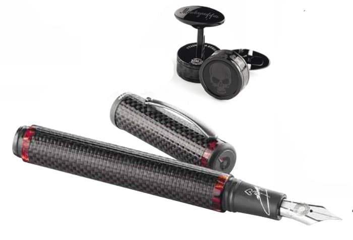Запонки Fortuna Skull с PVD оксида циркона и ручка Quincy Jones Carbon Fiber из углеволокна от Montegrappa