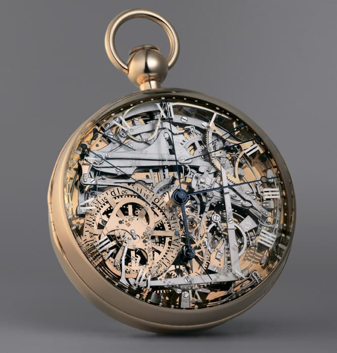 Breguet Marie-Antoinette Grande Complication №1160, воссозданные в 2008 году на основе оригинальных часов Бреге, оснащены ретроградной стрелкой даты у отметки «2 часа»