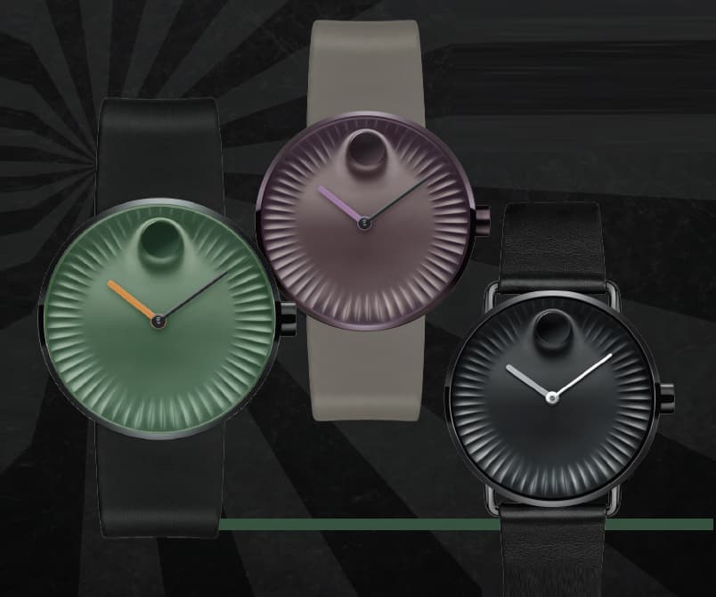Movado Edge в корпусе 40 мм, высотой 8,5 мм из стали с черным или цветным PVD и ремешком из телячьей кожи