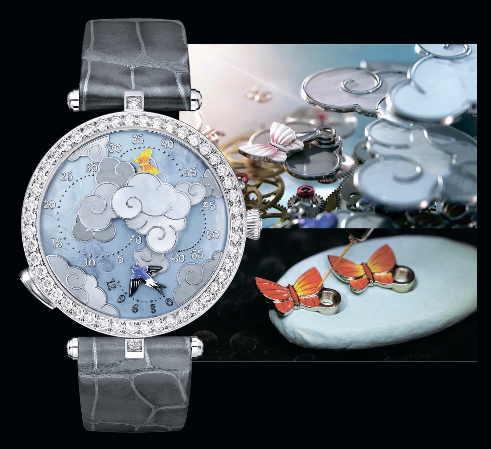 Van Cleef & Arpels Lady Arpels Ronde des Papillons с ретроградным указателем часа в виде ласточки и тремя ретроградными минутными секторами с индикаторами-бабочками
