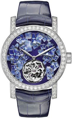 Турбийон Chaumet Hortensia с калибром CP12V-IX, украшенный эмалью Grand Feu и 136 бриллиантами, лимит выпуска 12 экземпляровПланетарий Complication Poetique Midnight Planetarium от Van Cleef & Arpels