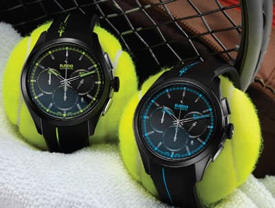 Модели Rado HyperChrome Court Collection в корпусе 45 мм из черной моноблоковой керамики, цвет разметки символизирует тип покрытия: корта (на фото: трава и синтетика)