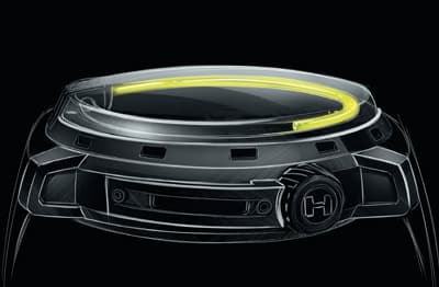 HYT H1 с ретроградной индикацией часа с помощью двух поршней, качающих жидкость, состояющую из антифриза и нингидрина — флуорисцирующего вещества, используемого в криминалистике 