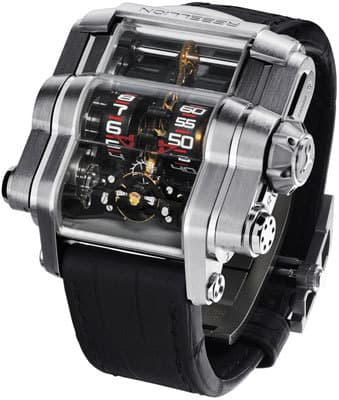 Калибр REB T-1000 изготовлен из дюралюминия и помещен в корпус из титана 46,7х46,9х19,5мм, выпуск ограничен 50 экземплярами