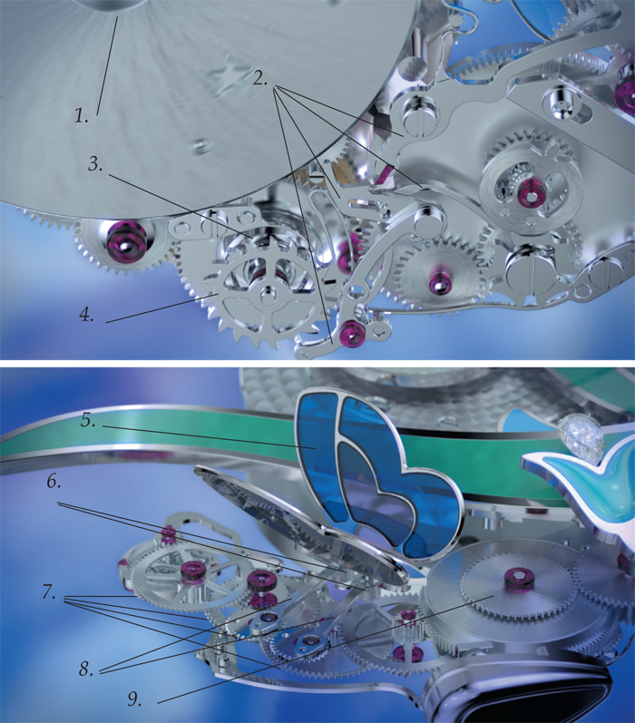 Схема механизма автоматона бабочки Lady Arpels Papillon Automate