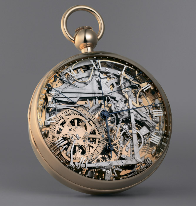 Breguet Marie-Antoinette Grande Complication №1160, воссозданные в 2008 году на основе оригинальных часов Бреге, оснащены ретроградной стрелкой даты у отметки «2 часа»