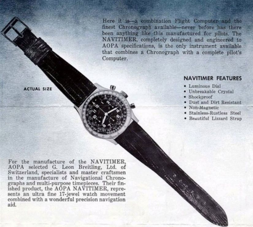 Реклама часов Breitling AOPA Navitimer 1955 года