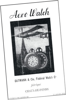 Реклама часов Aerowatch 1910 года и карманная модель Aerowatch Cobweb из коллекции 2013 года с механизмом Unitas 6498-2 