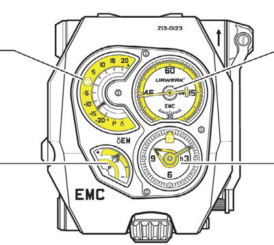 Индикация EMC: слева вверху — индикатор погрешности хода дельта со шкалой от -20 до +20 сек; справа вверху — секундная стрелка; слева внизу — индикатор запаса хода на 80 часов, справа внизу — часы и минуты